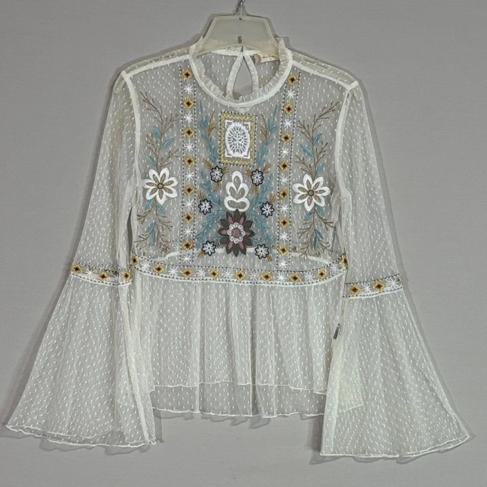 Altar’d State Embroidered Sheer Mesh Blouse Boho Bell Sleeve M